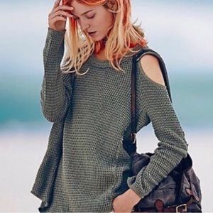 Free People Sunrise Waffle Knit Cold Shoulder Top Sweater Pullover NEW
